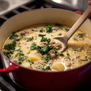 Easy Zuppa Toscana Soup Recipe 16 A wooden spoon stirring Zuppa Toscana soup in a red pot, with sausage, kale, and potatoes in a creamy base, simmering on the stovetop.