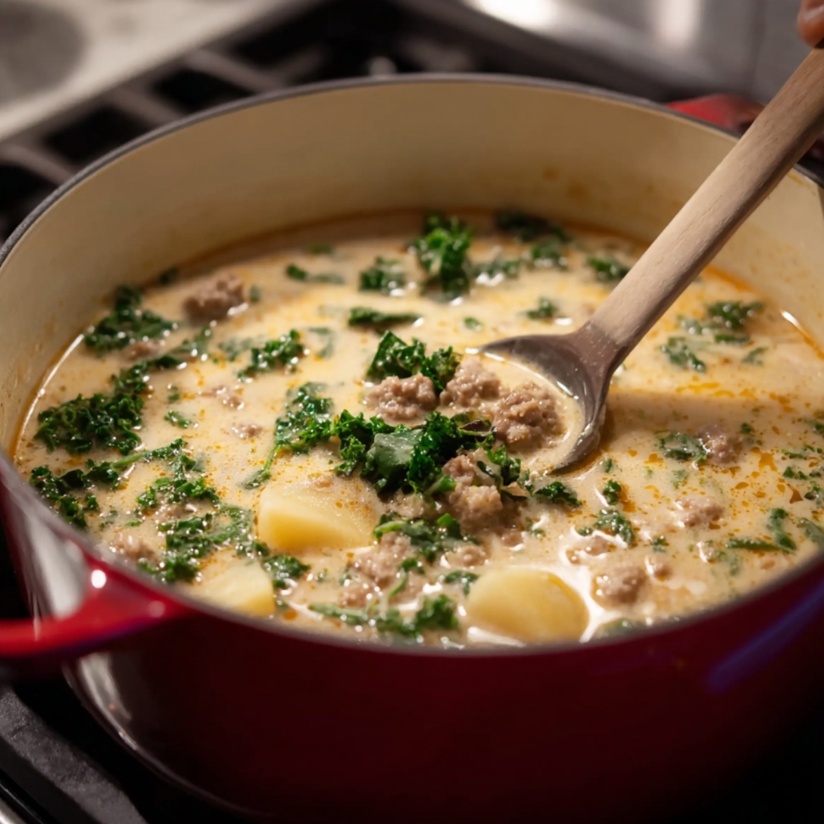 Easy Zuppa Toscana Soup Recipe 12 A wooden spoon stirring Zuppa Toscana soup in a red pot, with sausage, kale, and potatoes in a creamy base, simmering on the stovetop.