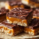 Butterfinger Caramel Crunch Bars The fully set and cut bars showing the layered effect: crumbly base, marshmallow, caramel, and chocolate with crunchy candy bits on top.