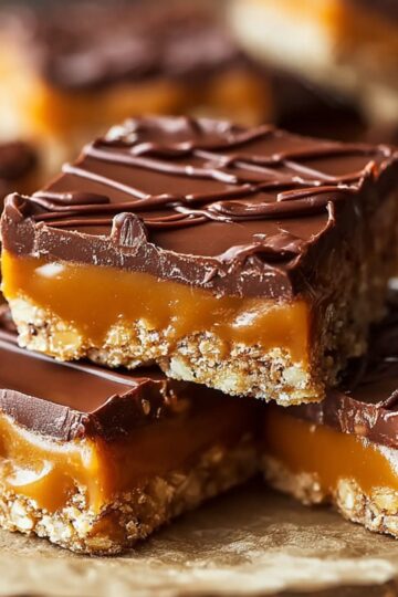 Healthy Butterfinger Caramel Crunch Bars Recipe 1 Butterfinger Caramel Crunch Bars The fully set and cut bars showing the layered effect: crumbly base, marshmallow, caramel, and chocolate with crunchy candy bits on top.