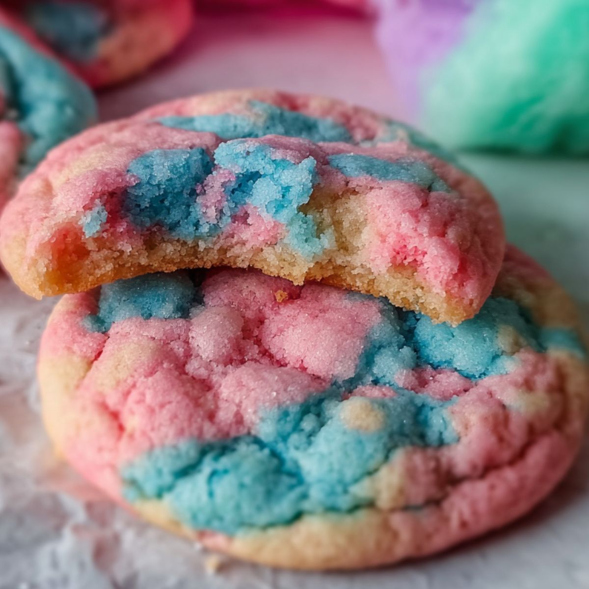 Easy Cotton Candy Cookies Recipe 9 Cotton Candy Cookies Close-up of baked marbled pink and blue cookies, one cookie with a bite taken out showing a soft, chewy texture. Colorful cotton candy is visible in the background.