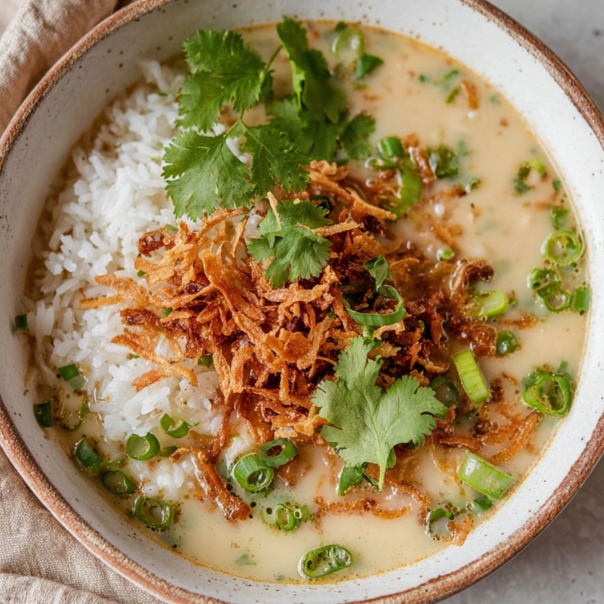 Ginger Miso Brothy Soup A bowl of miso-ginger brothy soup served with white rice, topped with crispy shredded ingredients, fresh cilantro leaves, and sliced green onions. The soup is creamy and light beige in color, and the bowl has a rustic white interior with a brown rim, placed on a beige cloth.