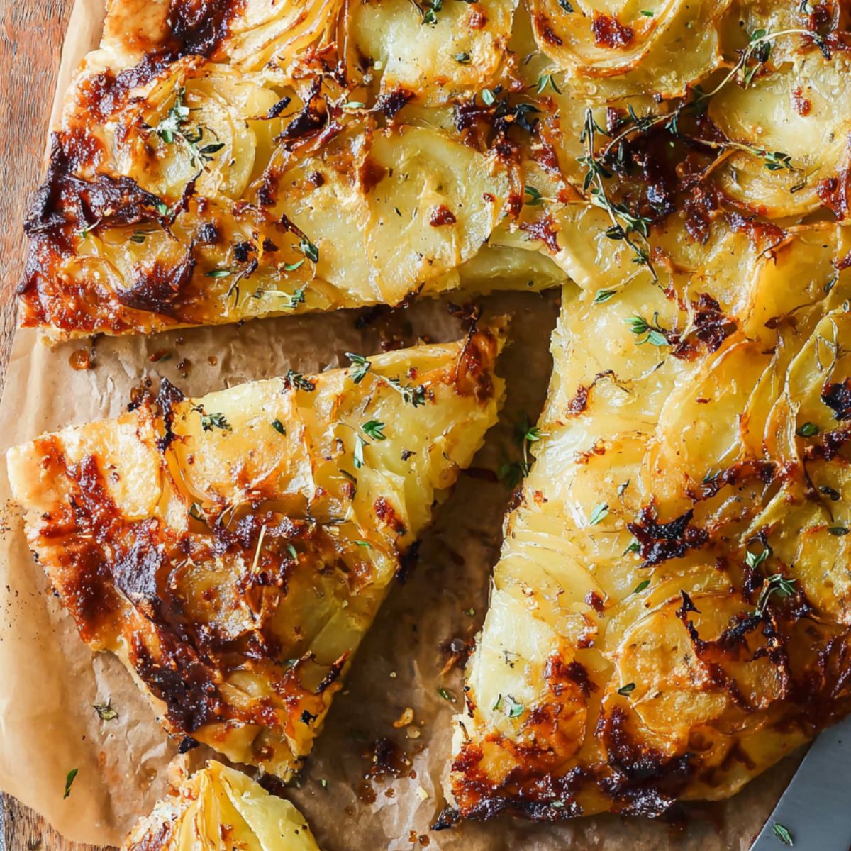 potato galette Overhead shot of a rustic, golden-brown potato galette with thin potato slices, baked cheese, and herbs, partially sliced with a spatula.
