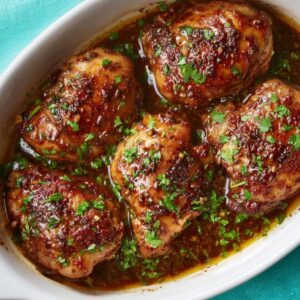 Best Balsamic Chicken Thighs Recipe 14 Balsamic Chicken Thighs A white oval baking dish with baked balsamic chicken thighs, richly glazed and garnished with fresh parsley, golden-brown skin, juicy meat, ready to serve, close-up, overhead angle.