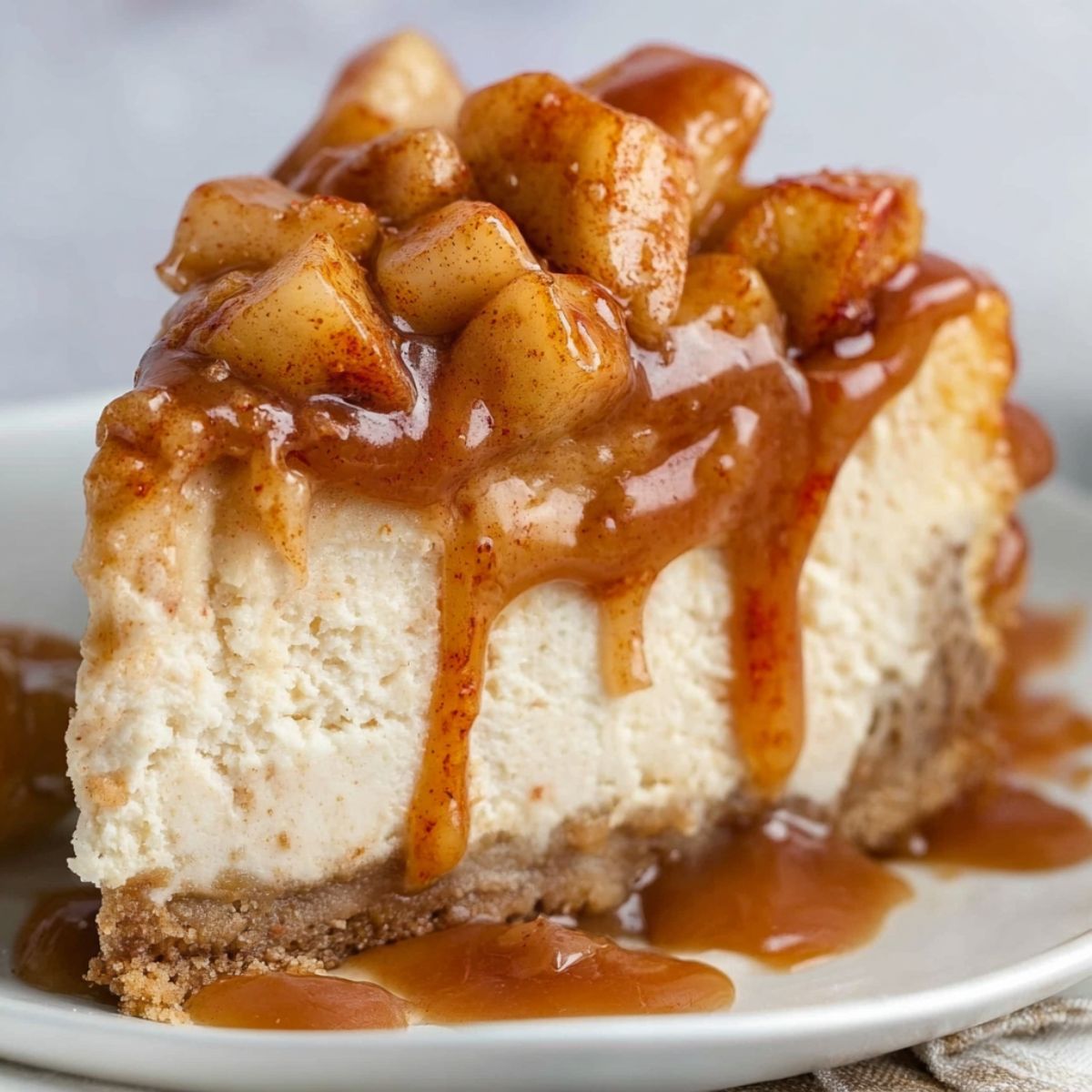 Caramel Apple Cheesecake Close-up of a slice of creamy caramel apple cheesecake on a plate, topped with tender cinnamon apple chunks and glossy caramel sauce, showing the smooth texture and golden crust.