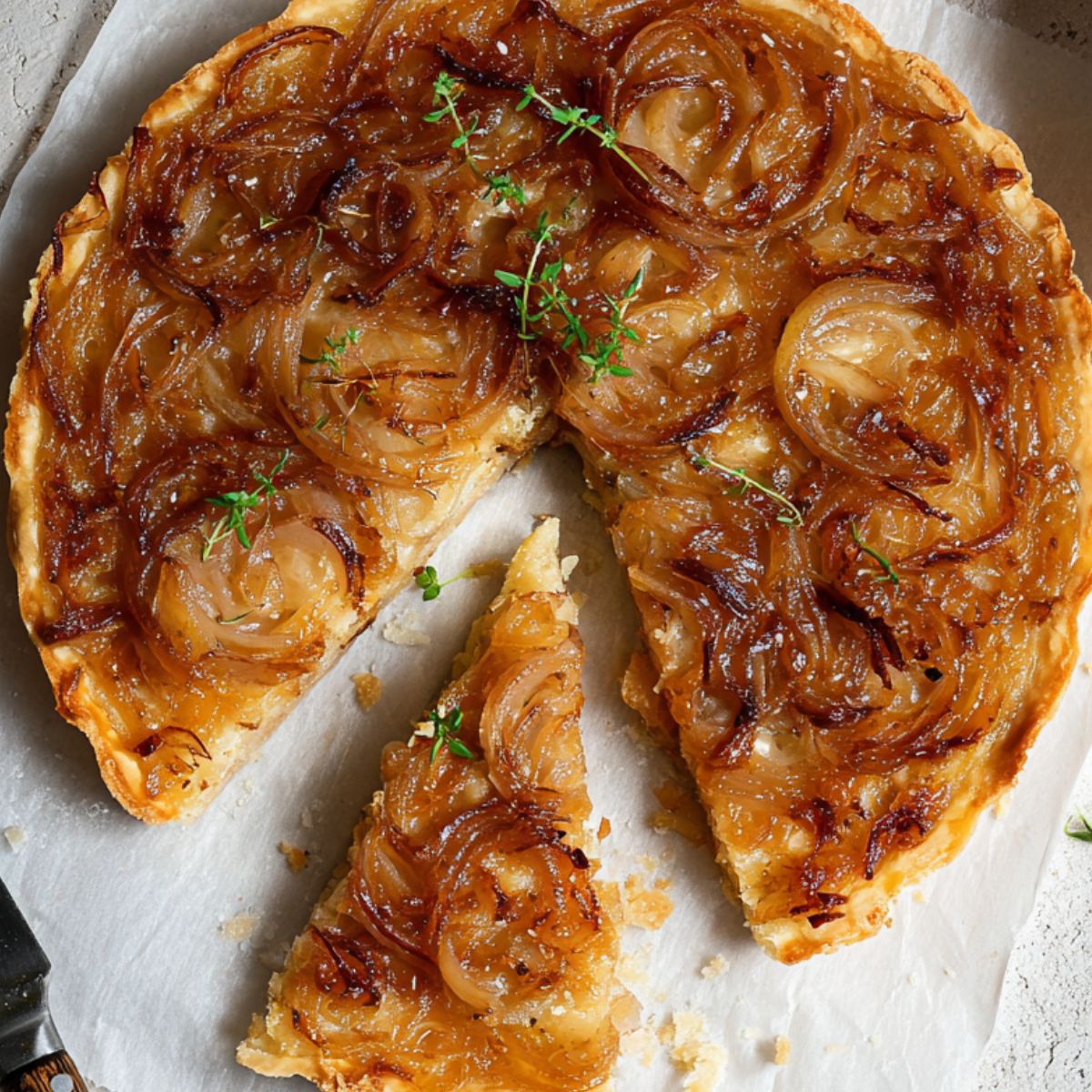 Caramelized Onion Tart Finished baked caramelized onion tart, golden crust, onions glossy and browned, one slice cut, styled on parchment paper with a vintage knife, minimal props.