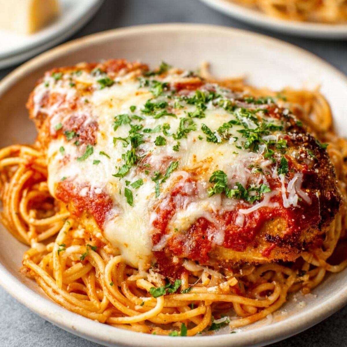 Chicken Parmesan with Spaghetti A plated serving of chicken parmesan over spaghetti, topped with marinara sauce, melted mozzarella, and a sprinkle of chopped parsley.