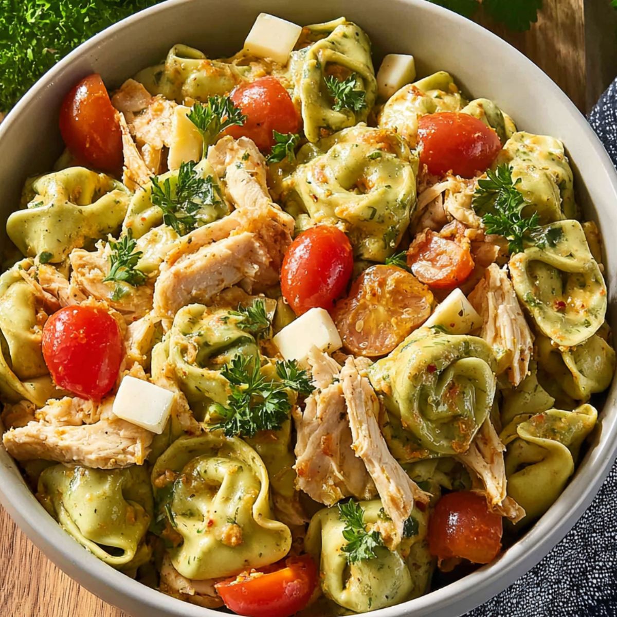 Chicken Tortellini Salad salad with spinach tortellini, cherry tomatoes, cubed cheese, and shredded chicken garnished with fresh parsley