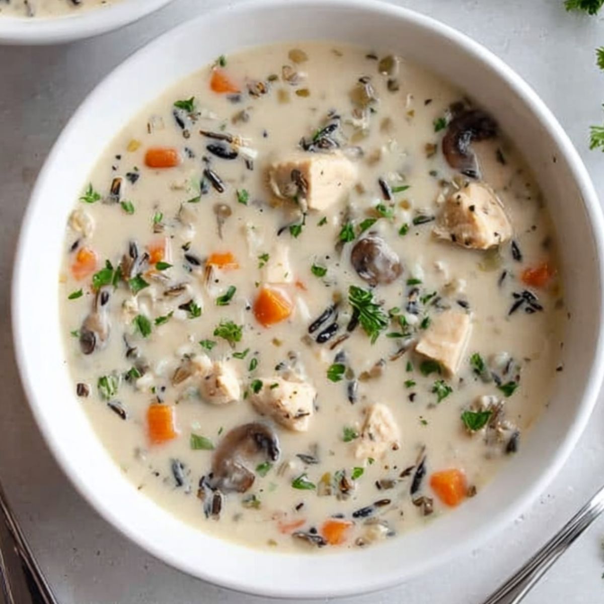 Chicken Wild Rice Soup Two white bowls of creamy chicken wild rice soup, garnished with chopped parsley, accompanied by a spoon and extra parsley on the side. The soup contains chunks of chicken, wild rice, mushrooms, and diced carrots.