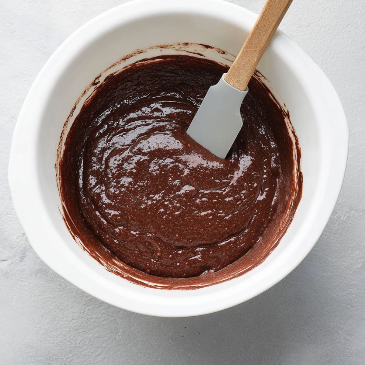 Best Chocolate Zucchini Bread Recipe 10 A white mixing bowl filled with smooth, dark chocolate zucchini bread batter, fully mixed and ready to pour into loaf pans, with a spatula resting in the batter.