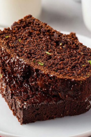 Best Chocolate Zucchini Bread Recipe 1 Chocolate Zucchini Bread Two slices of chocolate zucchini bread stacked on a white plate, next to a small glass of milk and a cup of coffee, with a red-striped white napkin and a fork in the background.