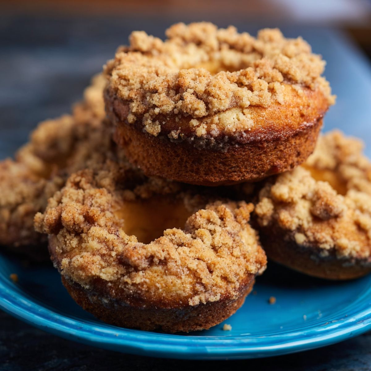 Coffee Cake Donuts Close-up of freshly baked coffee cake donuts stacked on a vibrant blue plate, featuring golden-brown crumbly streusel topping and soft, moist interior. Warm natural kitchen lighting highlights the texture, creating a cozy, homemade bakery feel, ideal for food blogs, recipe tutorials, or Pinterest dessert posts