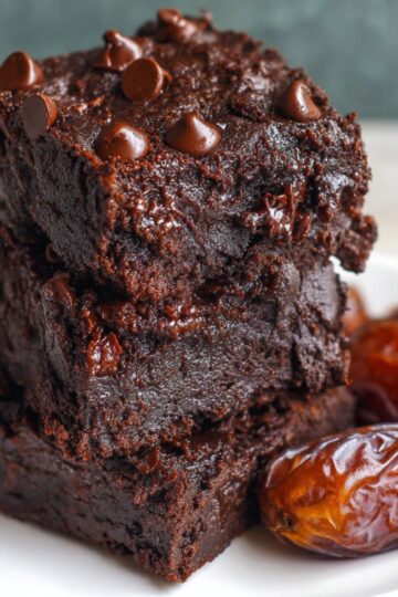 The Best Date Brownies Recipe 1 Date Brownies Stack of fudgy chocolate brownies topped with melted chocolate chips on a white plate with dates on the side.