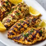Grilled Greek Marinated Chicken on a white plate, garnished with lemon wedges and chopped parsley.