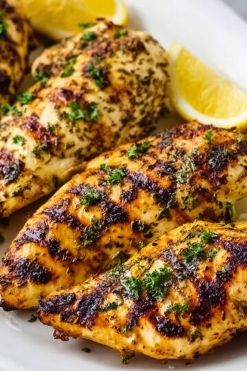 Healthy Greek Marinated Chicken Recipe 3 Grilled Greek Marinated Chicken on a white plate, garnished with lemon wedges and chopped parsley.