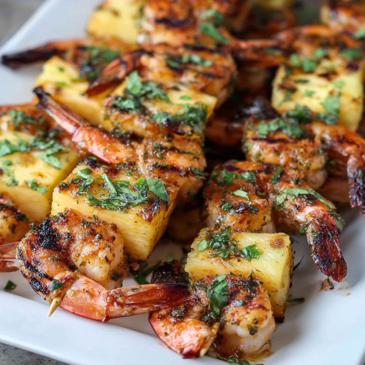 Grilled Pineapple Shrimp Skewers Close-up of grilled shrimp and pineapple skewers on a white plate, garnished with chopped herbs.
