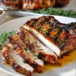 Grilled Spiced Pork Chops A plated, fully cooked grilled pork chop sliced to show its juicy, white interior, garnished lightly with chopped fresh herbs, ready to serve.