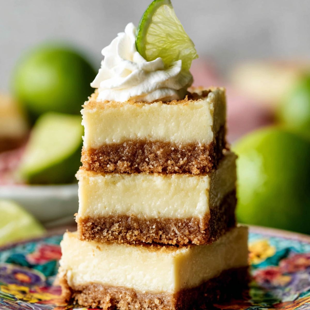 Healthy Key Lime Pie Bars Recipe 9 Key Lime Pie Bars Three square Key Lime Pie bars stacked on a colorful floral plate. Each bar has a thick, creamy pale-yellow filling over a crumbly brown crust. The top bar is garnished with a swirl of whipped cream and a small wedge of fresh lime. Whole limes are blurred in the background.