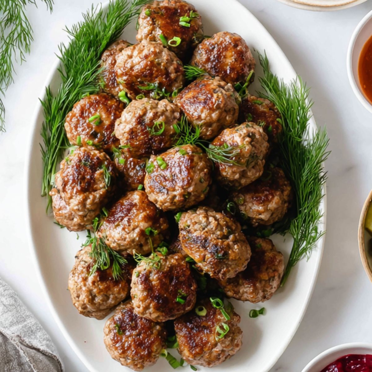 Kotleti Recipe A white oval platter filled with cooked meatballs garnished with fresh dill, surrounded by bowls of sauce, pickles, and a dish of grains, on a white table.