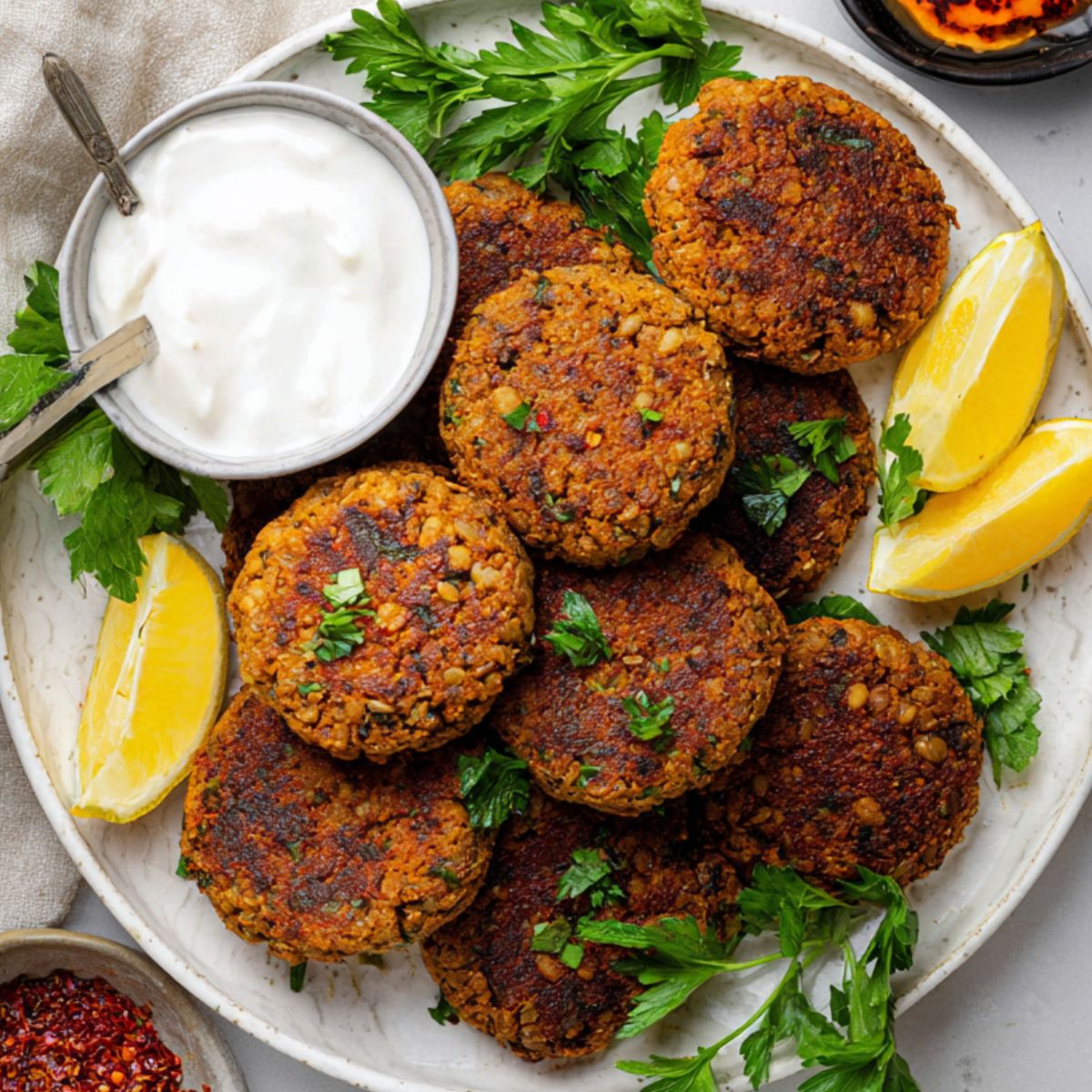 Delicious Lentil Patties Recipe 9 Lentil Patties A plate of cooked lentil patties served with lemon wedges, fresh parsley, and small bowls of yogurt sauce and chili oil on the side.