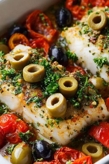 Best Mediterranean Cod Recipe 1 Mediterranean Cod Two thick fillets of cod baked until golden, topped with sliced green olives and chopped parsley, surrounded by halved cherry tomatoes and black olives in a white baking dish.