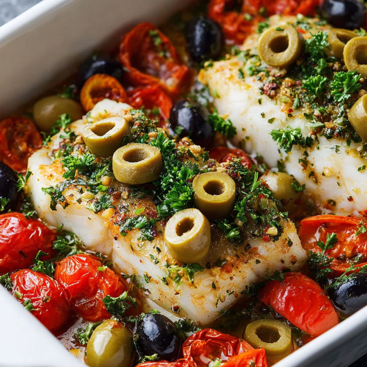 Mediterranean Cod Two thick fillets of cod baked until golden, topped with sliced green olives and chopped parsley, surrounded by halved cherry tomatoes and black olives in a white baking dish.