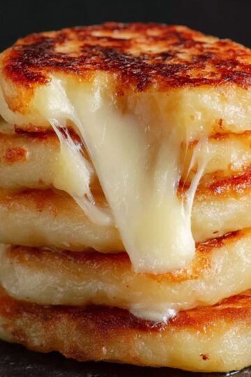 Delicious Potato Cheese Pancakes Recipe 1 POTATO CHEESE PANCAKES Stack of crispy potato cheese pancakes with melted cheese stretching between them