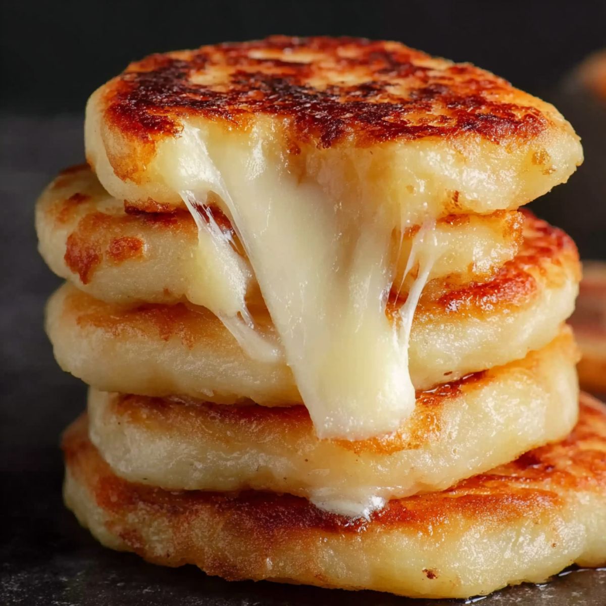 POTATO CHEESE PANCAKES Stack of crispy potato cheese pancakes with melted cheese stretching between them