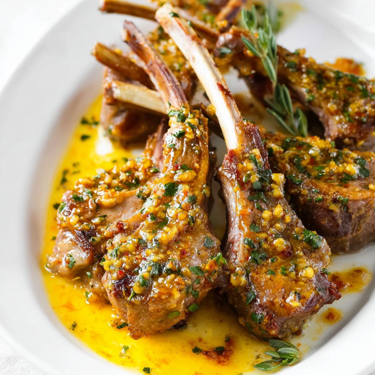 The Best Pan-Seared Lamb Chops Recipe 9 Pan-Seared Lamb Chops Close-up of cooked lamb chops on a white plate, topped with a golden garlic-herb sauce and garnished with fresh herbs, with a bright and clean presentation.