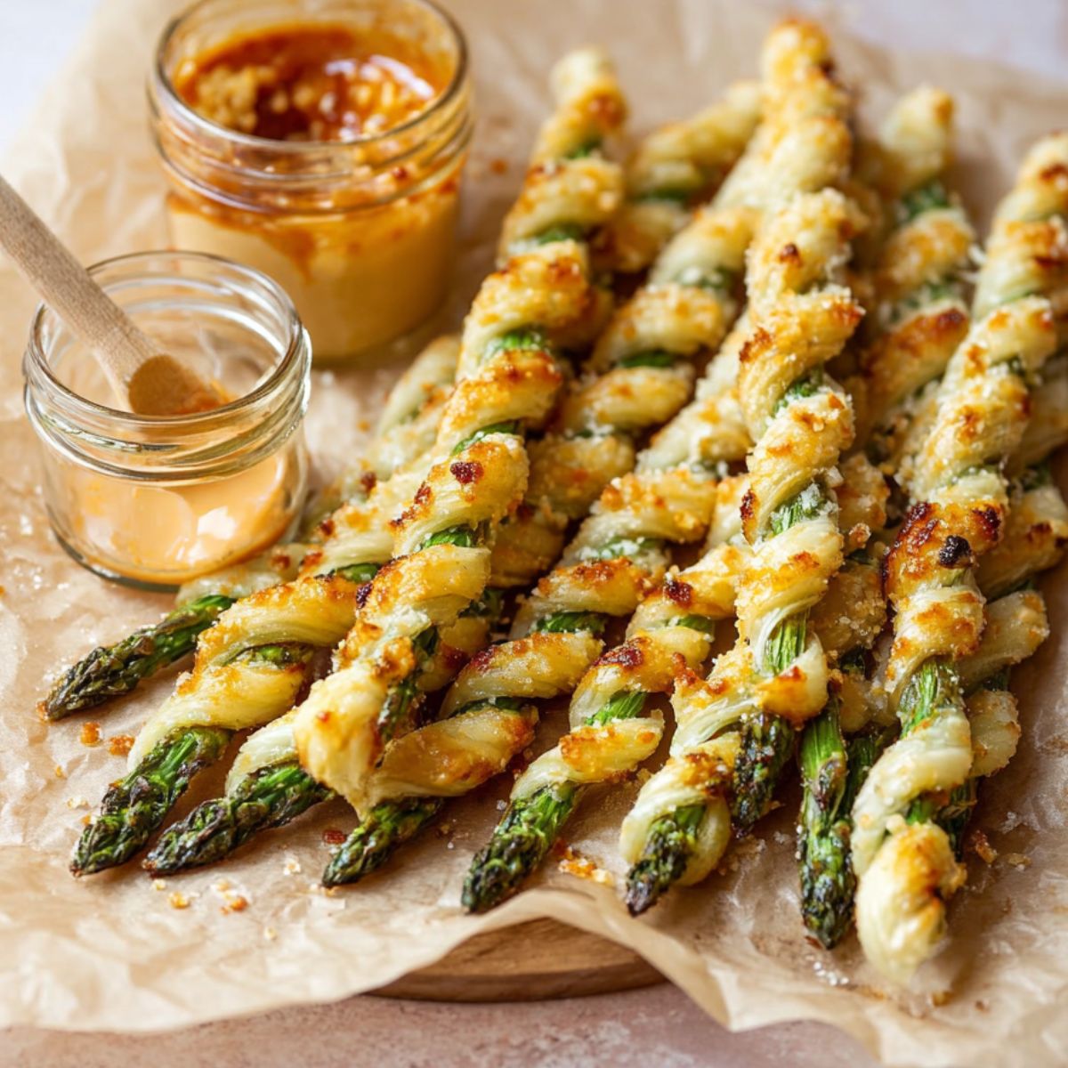 Parmesan Asparagus Pastry Twists Golden-brown puff pastry twists wrapped around asparagus spears are arranged on parchment paper. Two small jars of dipping sauces, one reddish and one yellow-orange, sit next to the twists.