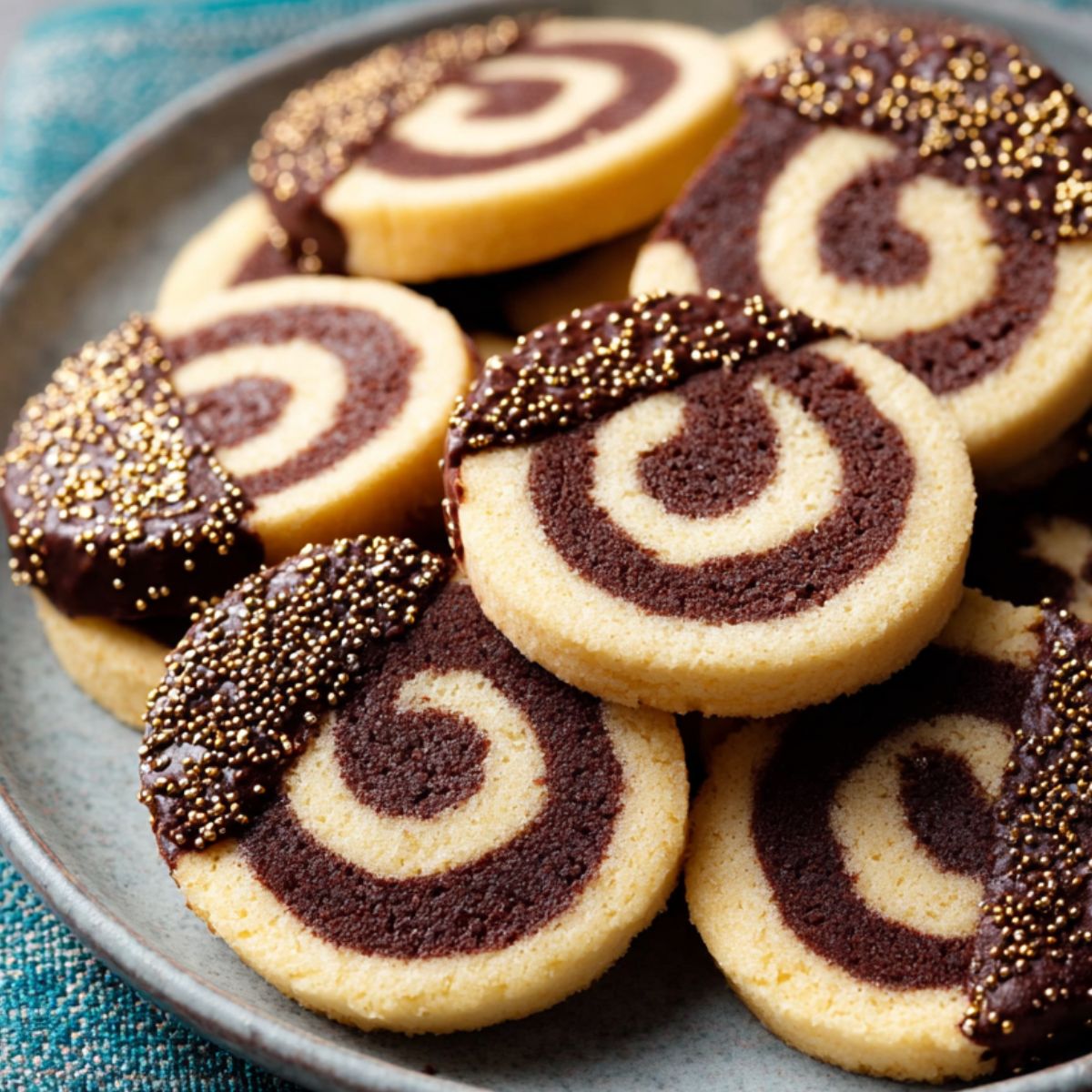 The Best Pinwheel Cookies Recipe 9 Pinwheel Cookies Finished baked pinwheel cookies, some half-dipped in chocolate with gold sprinkles, arranged on a plate.