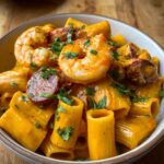 Prawn and Chorizo Pasta A bowl of rigatoni pasta coated in a creamy orange sauce, garnished with shrimp, slices of chorizo, and fresh herbs.