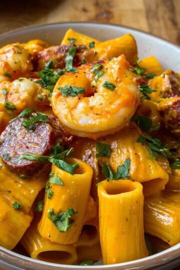 Delicious Prawn And Chorizo Pasta Recipe 2 Prawn and Chorizo Pasta A bowl of rigatoni pasta coated in a creamy orange sauce, garnished with shrimp, slices of chorizo, and fresh herbs.