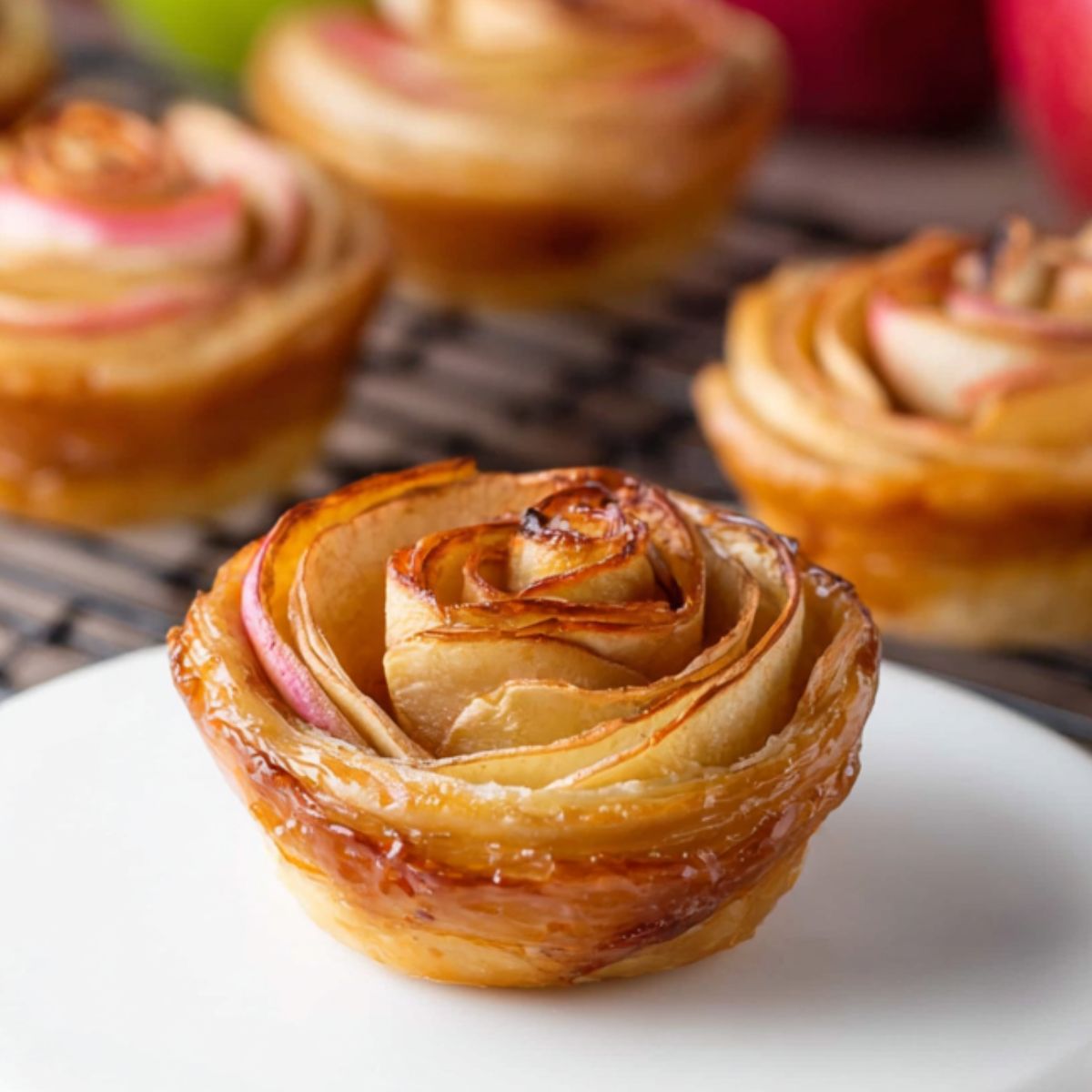 Puff Pastry Apple Roses A close-up of a single baked apple rose pastry on a white round stand, with several more apple roses cooling on a wire rack in the background and green and red apples nearby.