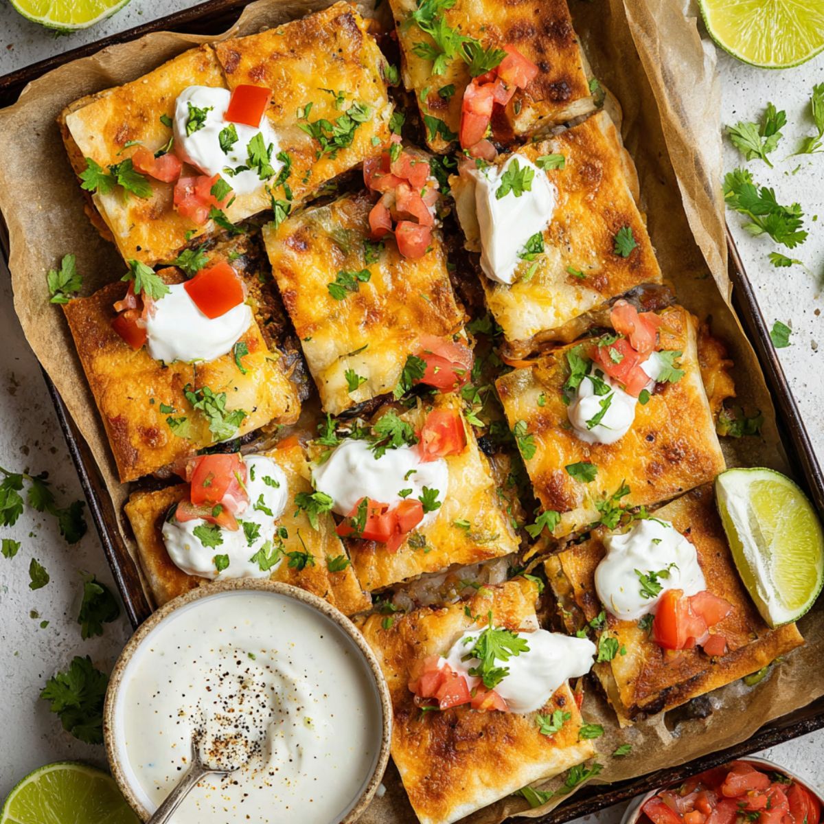 Sheet Pan Crunchwrap A stacked plate of crispy quesadillas, topped with fresh tomato, cilantro, and a dollop of sour cream. The golden-brown quesadillas have a crispy exterior and are filled with flavorful ingredients.