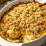Squash Casserole A delicious squash casserole baked in a white ceramic dish, topped with crispy golden breadcrumbs and shredded cheese, with a sprinkle of green herbs