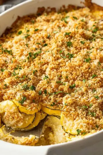 Best Squash Casserole Recipe 1 Squash Casserole A delicious squash casserole baked in a white ceramic dish, topped with crispy golden breadcrumbs and shredded cheese, with a sprinkle of green herbs
