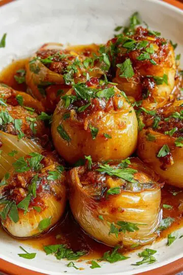 Delicious Stuffed Onions Recipe 3 Stuffed Onions A plate with beautifully cooked stuffed onions, garnished with fresh parsley. The onions are tender and caramelized, sitting in a rich sauce, creating an inviting and delicious look.