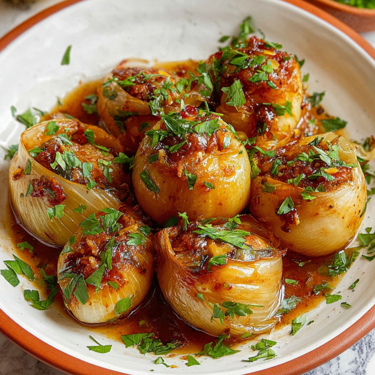 Stuffed Onions A plate with beautifully cooked stuffed onions, garnished with fresh parsley. The onions are tender and caramelized, sitting in a rich sauce, creating an inviting and delicious look.