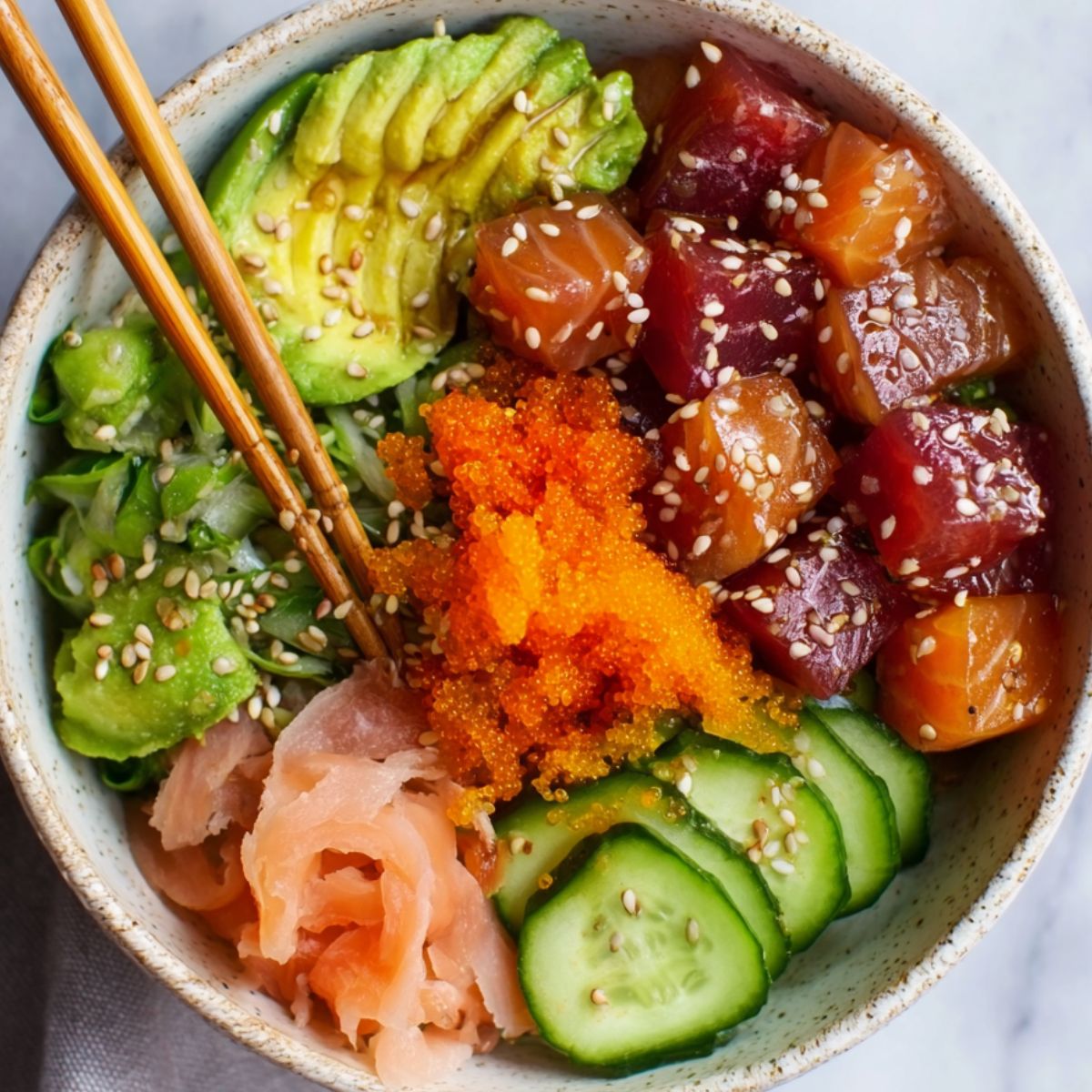 Sushi Poke Bowls A colorful poke bowl featuring cubed raw salmon and tuna, sliced avocado, cucumber, pickled ginger, and orange tobiko, garnished with sesame seeds, with a pair of chopsticks resting on the side of the bowl.