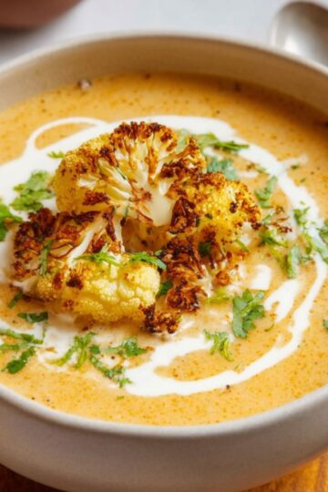 Easy Sweet Potato Cauliflower Soup Recipe 1 Sweet Potato Cauliflower Soup A bowl of creamy soup topped with roasted cauliflower, a swirl of cream, and fresh herbs, ready to be enjoyed as a comforting dish.