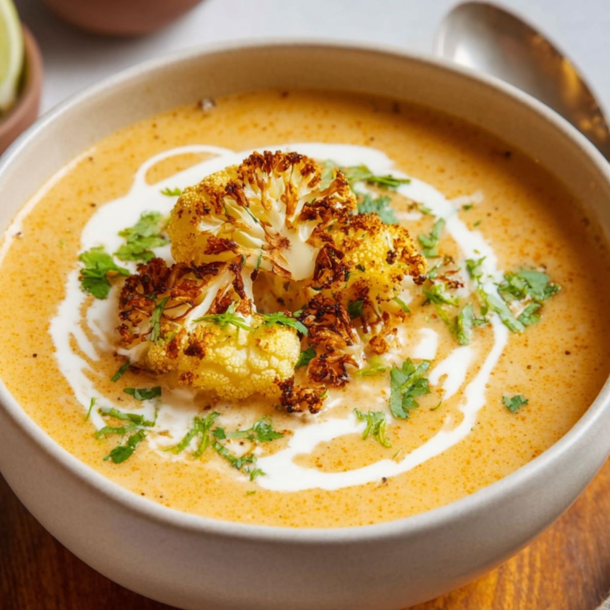 Easy Sweet Potato Cauliflower Soup Recipe 9 Sweet Potato Cauliflower Soup A bowl of creamy soup topped with roasted cauliflower, a swirl of cream, and fresh herbs, ready to be enjoyed as a comforting dish.
