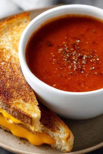 Easy Tomato Herb Soup Recipe 3 Tomato Herb Soup A comforting bowl of tomato soup paired with a grilled cheese sandwich, ideal for a cozy meal.