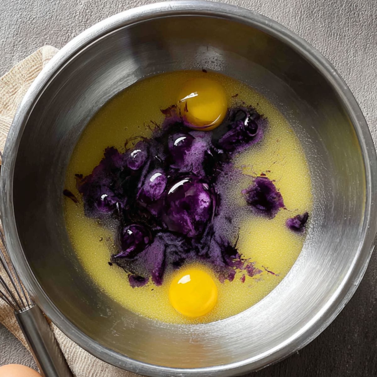 The best Ube Crinkles Recipe 11 Top-down view of a metal mixing bowl containing eggs and purple ube extract, ready to be mixed, with a whisk and a cloth napkin beside the bowl.