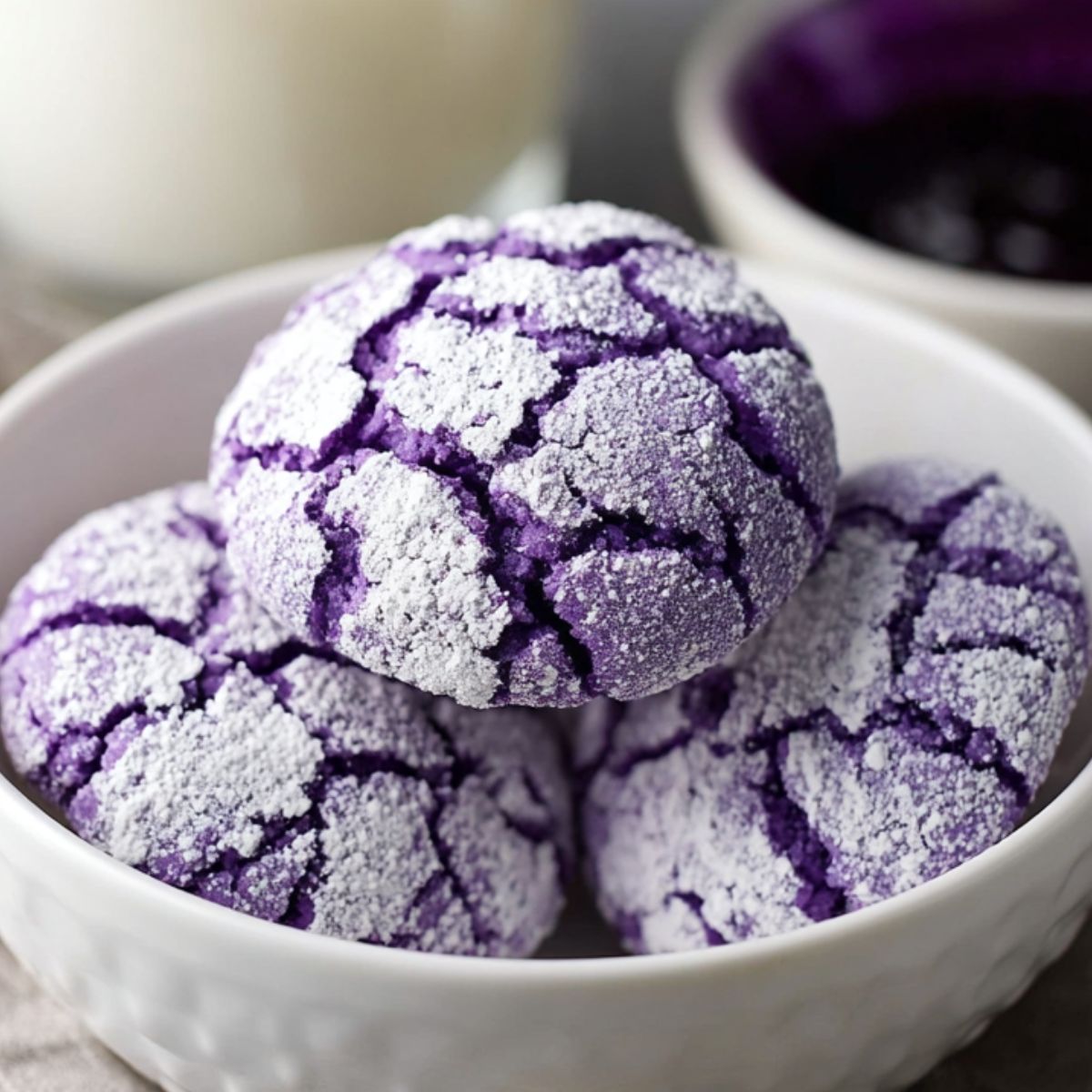 The best Ube Crinkles Recipe 9 Ube Crinkles Three baked purple ube crinkle cookies in a white bowl, coated with powdered sugar, with a glass of milk and a small bowl of ube jam blurred in the background.