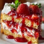 Vegan Strawberry Shortcake Cake A close-up of a slice of strawberry shortcake, showing a moist cake with layers of whipped cream and fresh strawberries, with strawberry syrup dripping down the side