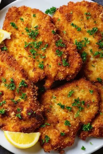 Delicious Chicken Schnitzel Recipe 1 chicken schnitzel Golden, crispy chicken schnitzels plated and garnished with parsley and lemon wedges, ready to serve.