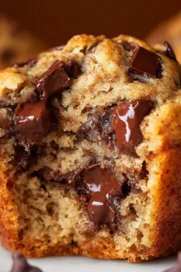 Delicious Chocolate Chunk Banana Muffins Recipe 1 chocolate chunk banana muffins A close-up of a warm muffin, with gooey chocolate chunks inside.