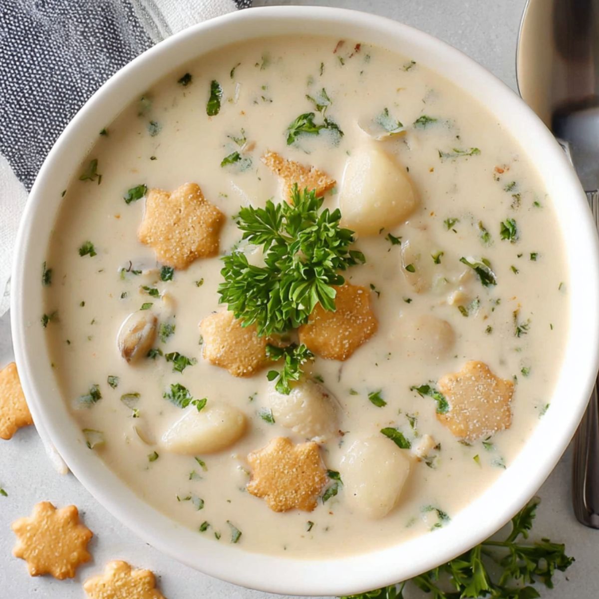 clam chowder recipe A white bowl of creamy clam chowder garnished with parsley and oyster crackers in star and round shapes. The chowder is thick with chunks of potato, clams, and vegetables, served on a light gray surface.