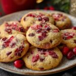 cranberry cookies A beautifully arranged plate of cranberry cookies, with the bright red berries standing out against the golden cookie base, making a festive and inviting dessert.